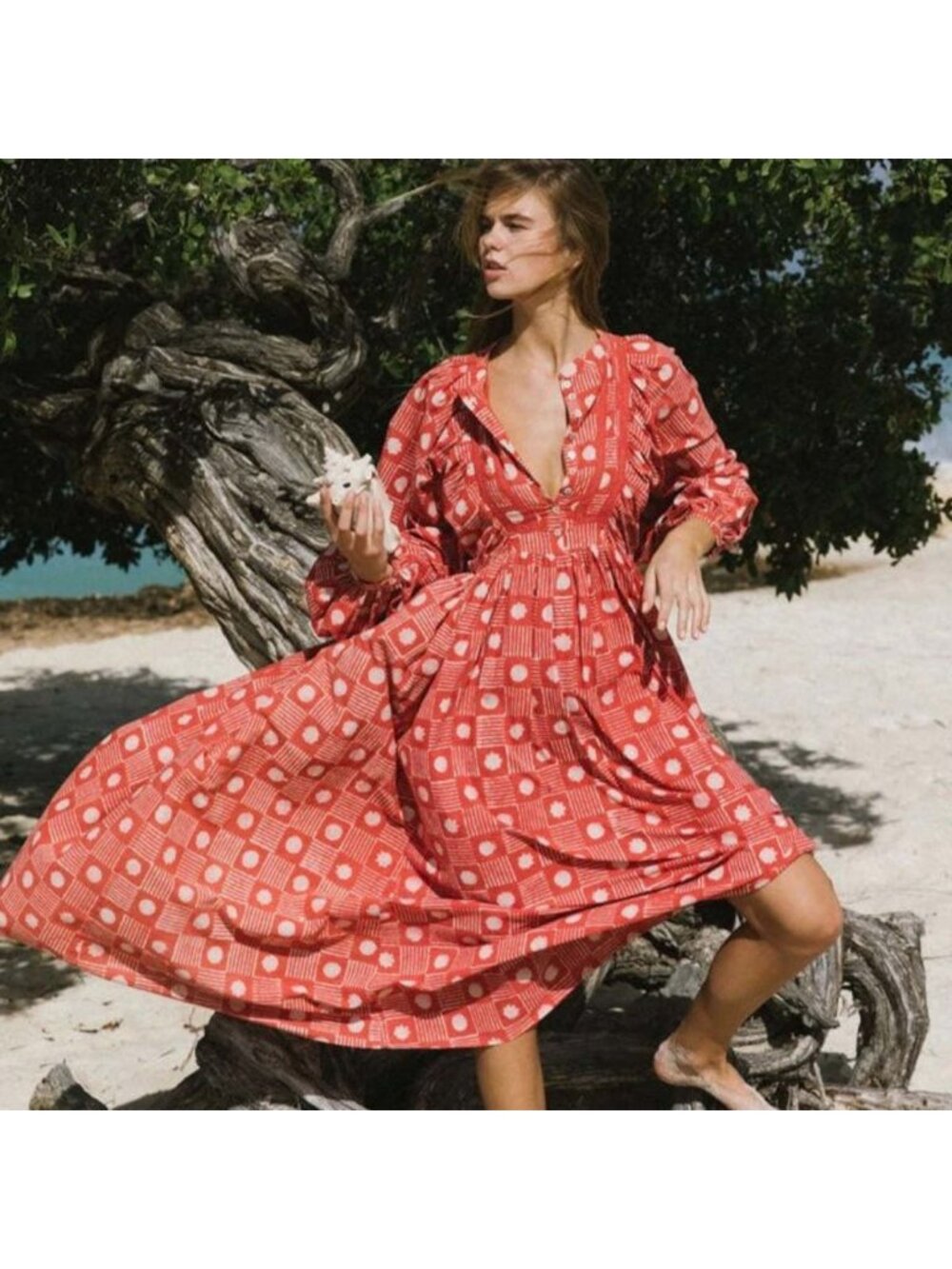 Kinga Csilla Tiga Mascali Cotton Maxi Dress, Red, Women Size XL